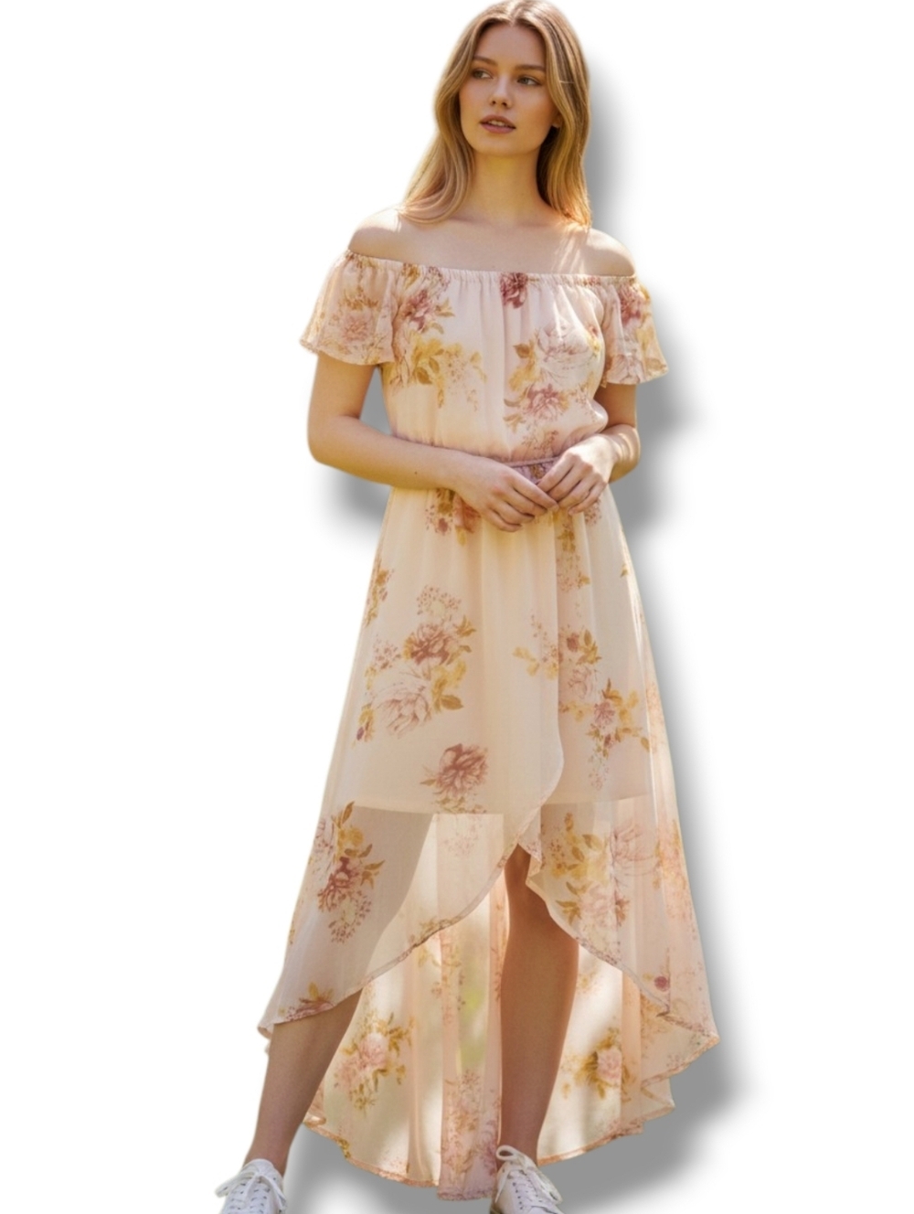 As U Wish Women’s Large Floral Cold Shoulder High Low Dress Flowy Boho